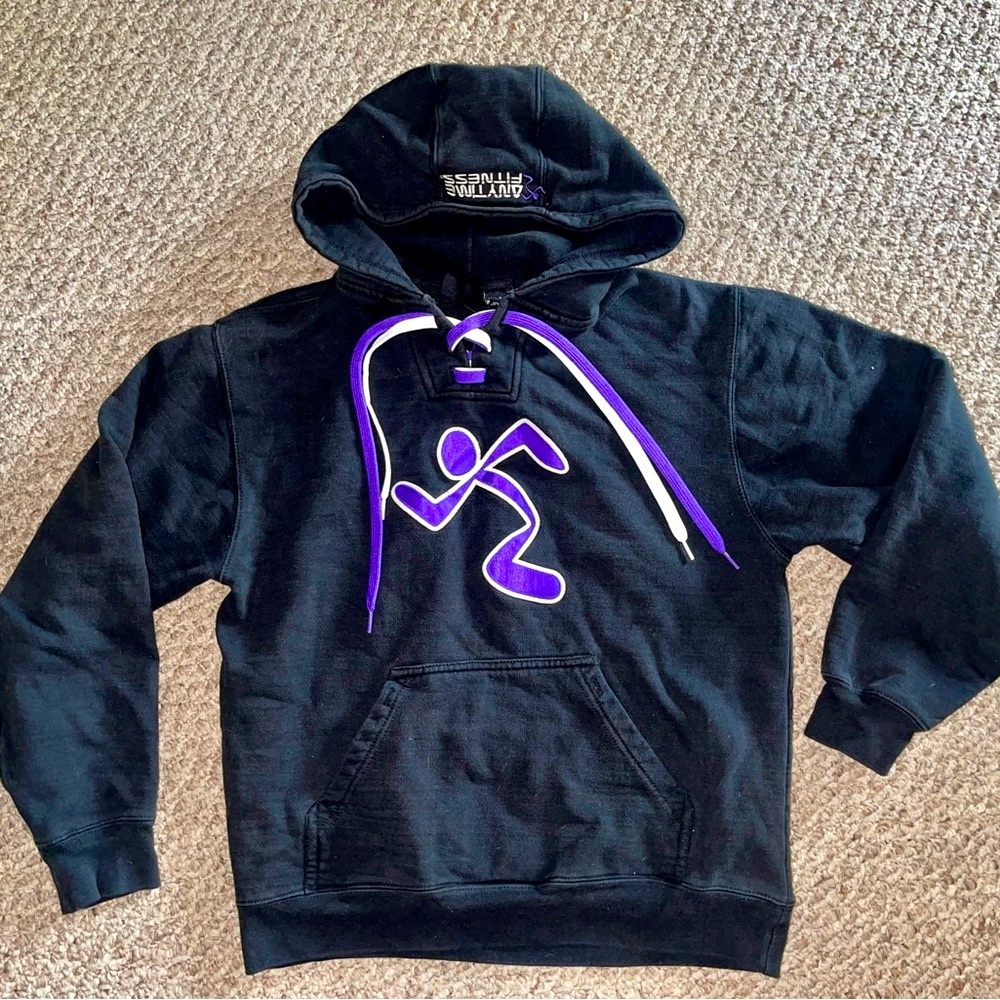 Black Embroidered Anytime Fitness Hockey Hoodie Logos